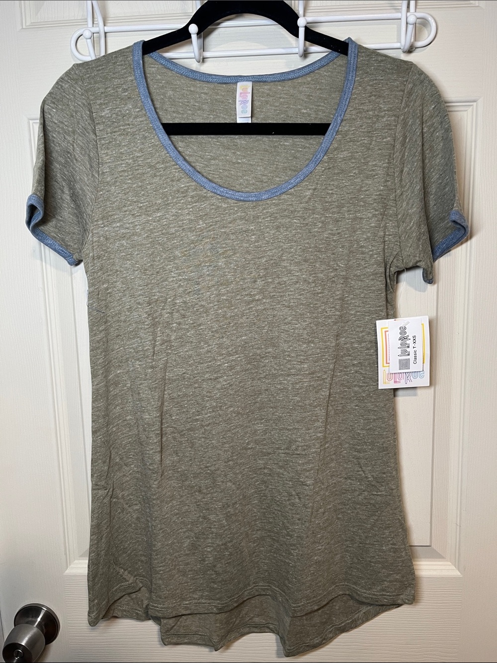 LuLaRoe Sage Green Short Sleeve Tee with Blue Trim